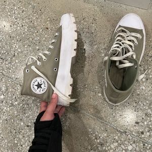 Beige green high top platform converse
